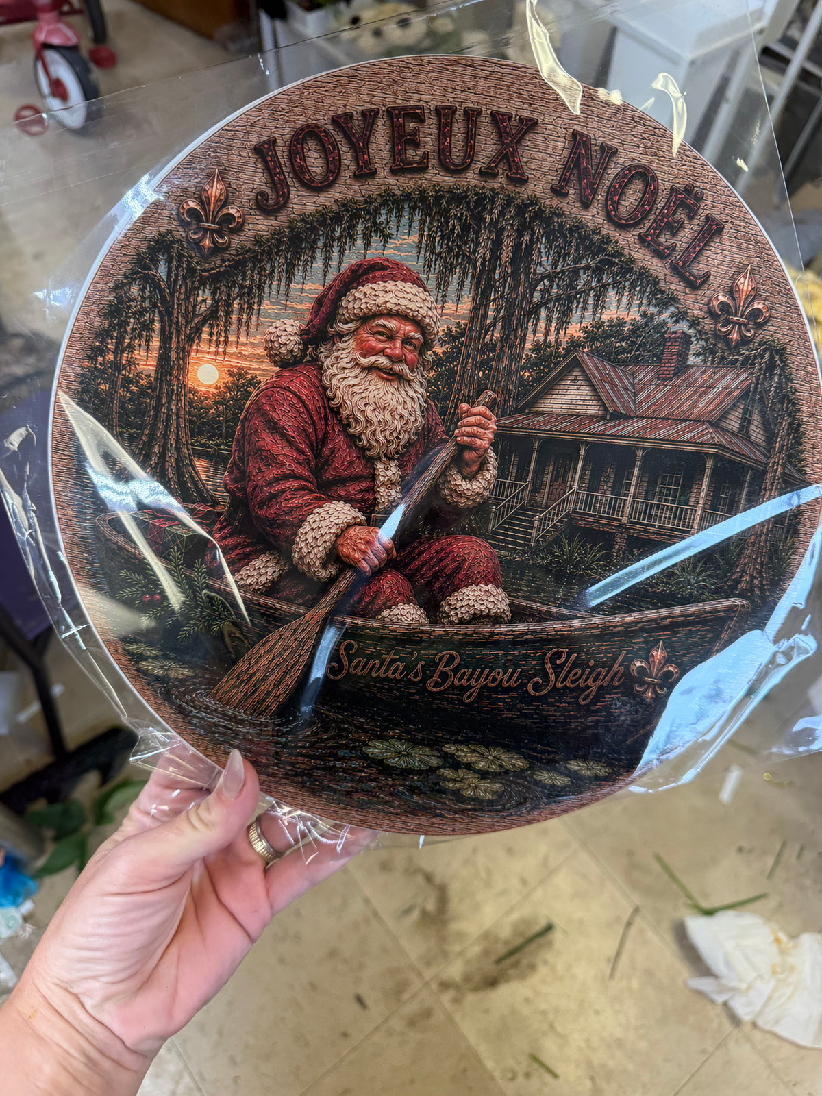 Santa's Bayou Sleigh — Cajun Christmas Metal Sign, 12 Inch Round Louisiana Swamp Santa Decor