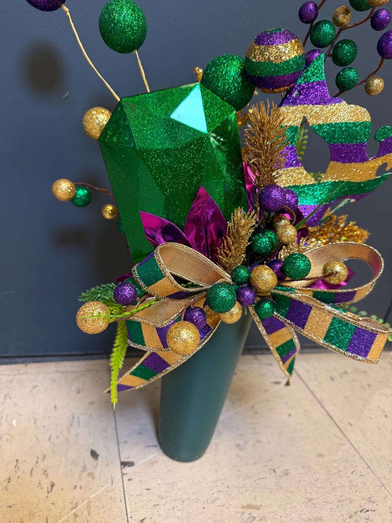 Mardi Gras vase insert glittery mask accent detail
