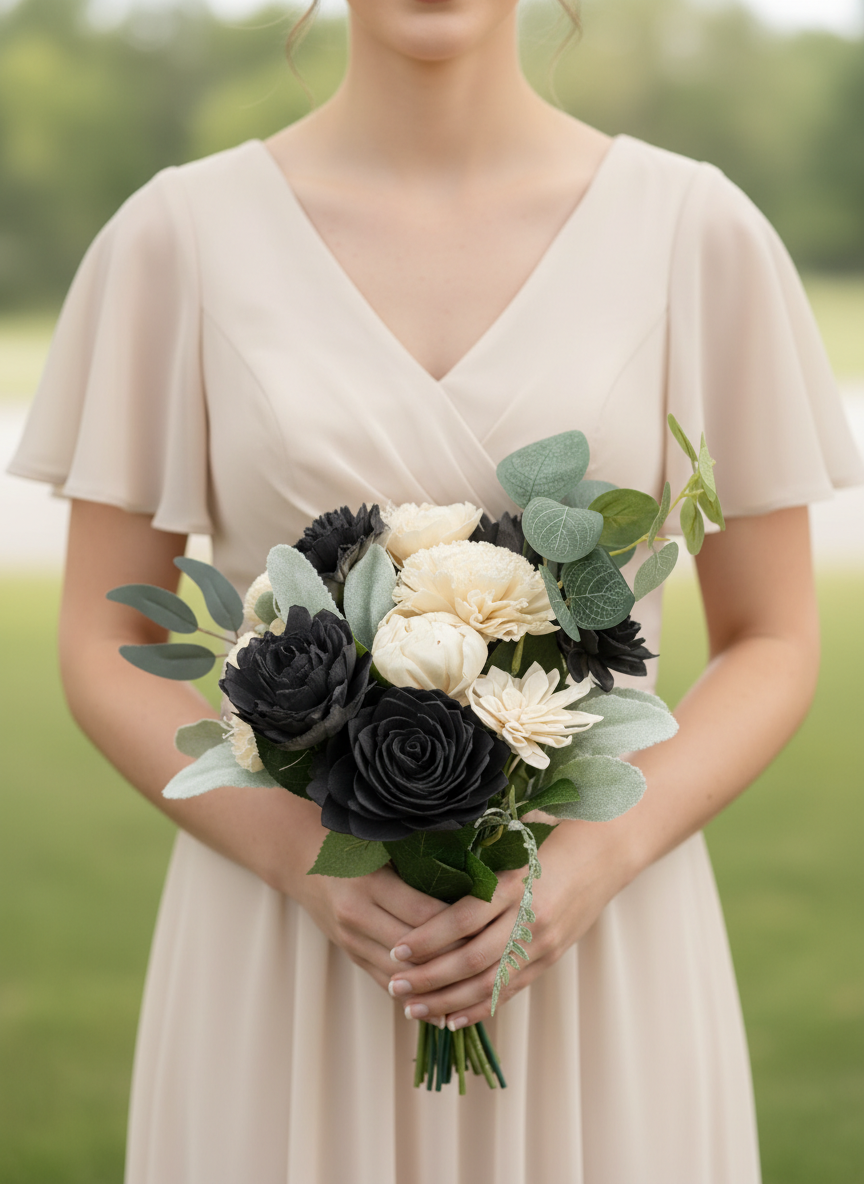 Midnight Black & Ivory Prom Bouquet Set | Wood Flower Keepsake | Boutonniere or Arm Garter