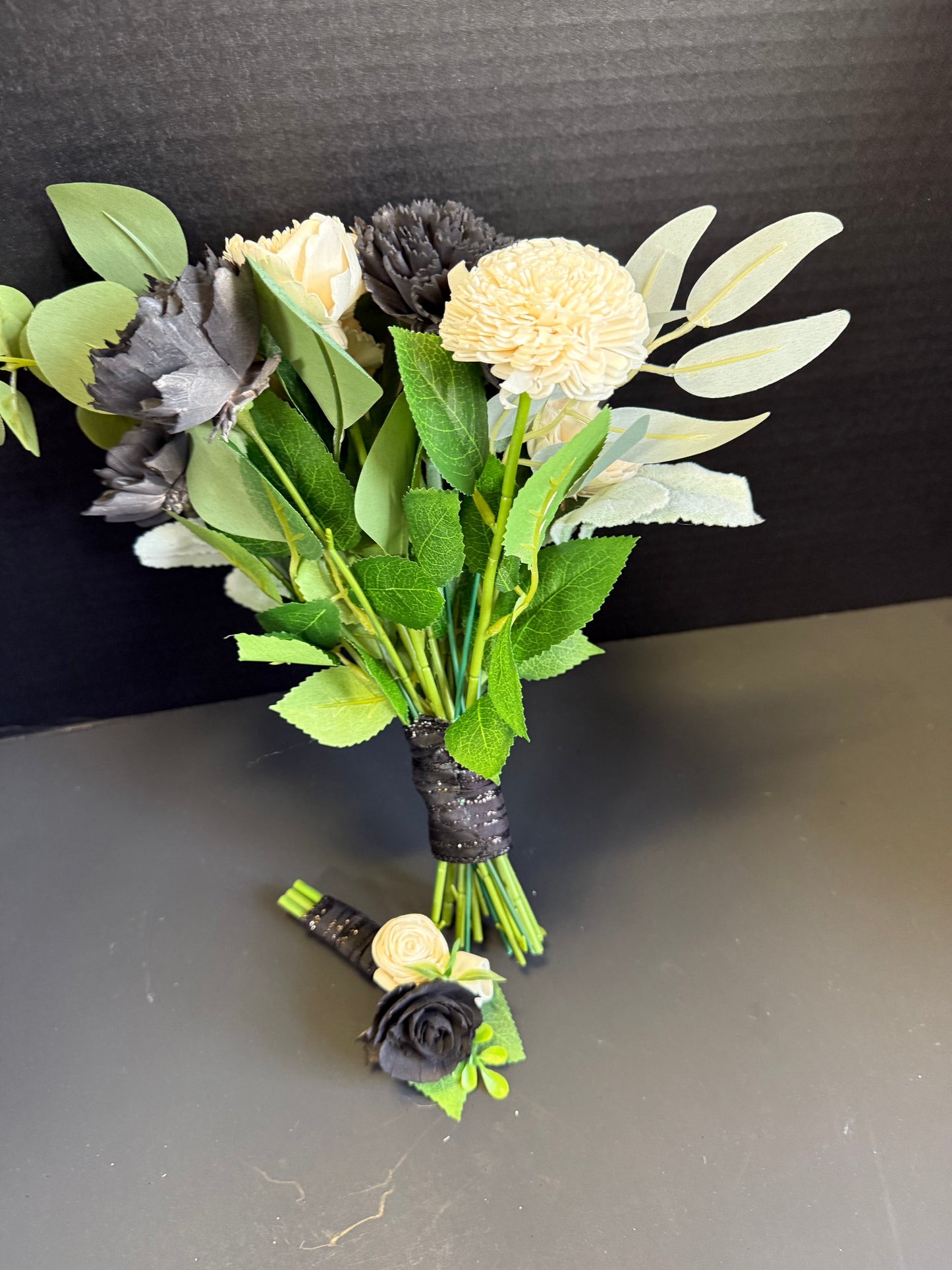 Midnight Black & Ivory Prom Bouquet Set | Wood Flower Keepsake | Boutonniere or Arm Garter