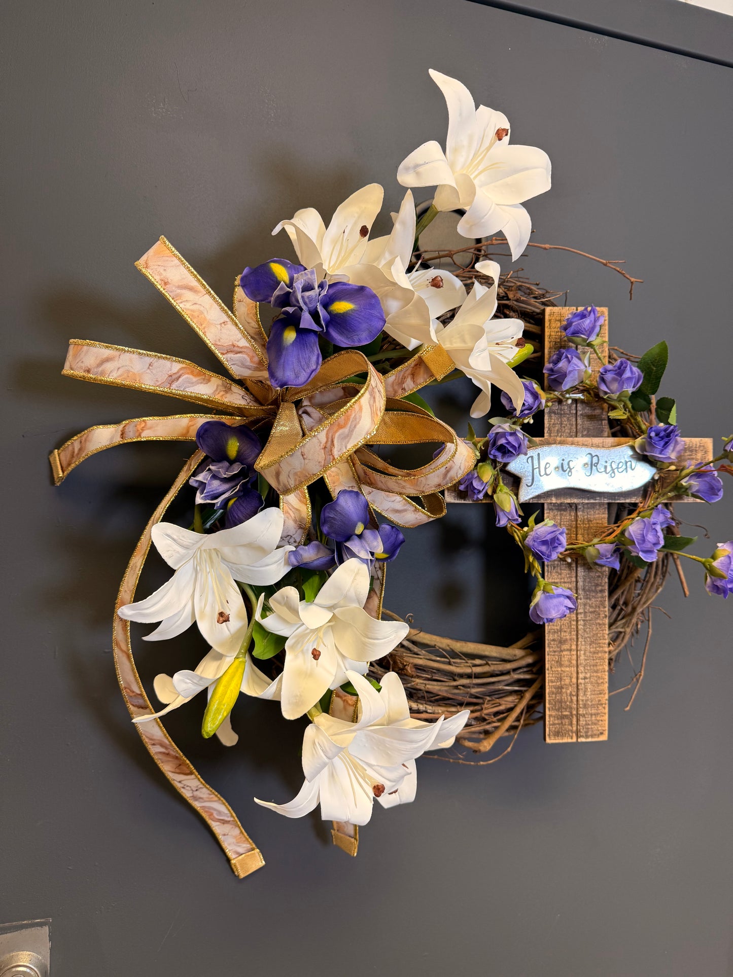 Easter Cross Wreath | White Lilies & Purple Irises | He Is Risen | Christian Spring Door Wreath