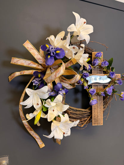 Easter Cross Wreath | White Lilies & Purple Irises | He Is Risen | Christian Spring Door Wreath