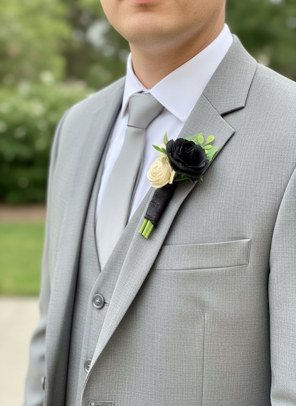 Midnight Black & Ivory Dance Bouquet Set | Wood Flower Keepsake | Boutonniere or Arm Garter