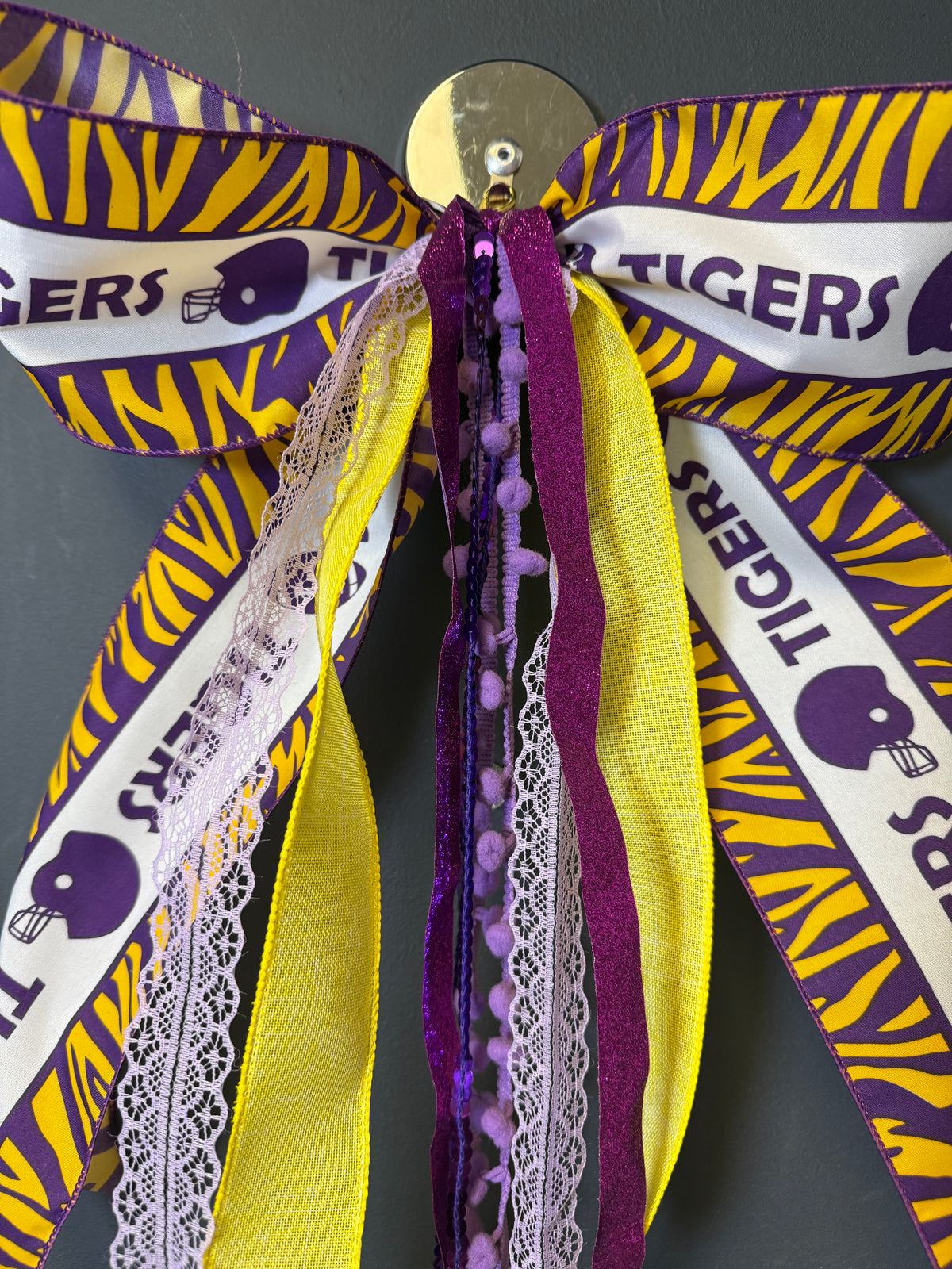 Purple & Gold Tiger Stripe Door Bow — Game Day Door Decor, Football Tailgate Bow
