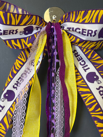 Purple & Gold Tiger Stripe Door Bow — Game Day Door Decor, Football Tailgate Bow