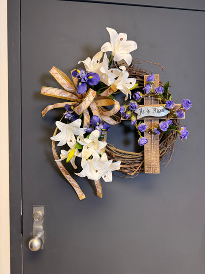 Easter Cross Wreath | White Lilies & Purple Irises | He Is Risen | Christian Spring Door Wreath