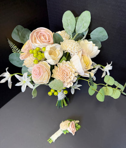 Blush Dance Bouquet Set | Dusty Rose Wood Flower Keepsake | Boutonniere or Arm Garter