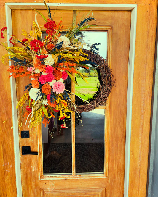 Handcrafted wood flower fall wreath