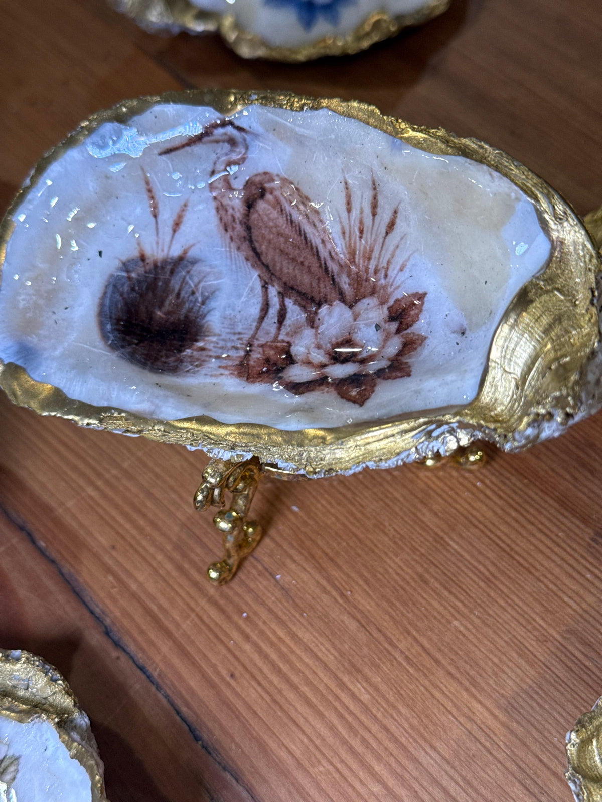 Heron and Lotus Gilded Oyster Shell