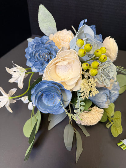 Dusty Blue Dance Bouquet Set | Wood Flower Keepsake | Boutonniere or Arm Garter