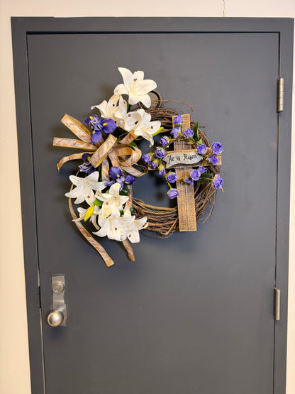 Easter Cross Wreath | White Lilies & Purple Irises | He Is Risen | Christian Spring Door Wreath