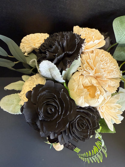 Midnight Black & Ivory Dance Bouquet Set | Wood Flower Keepsake | Boutonniere or Arm Garter
