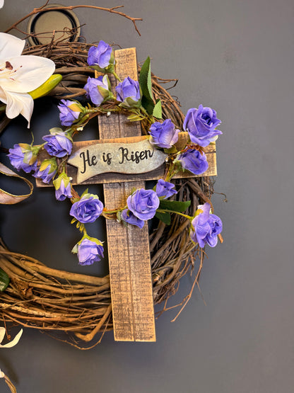Easter Cross Wreath | White Lilies & Purple Irises | He Is Risen | Christian Spring Door Wreath