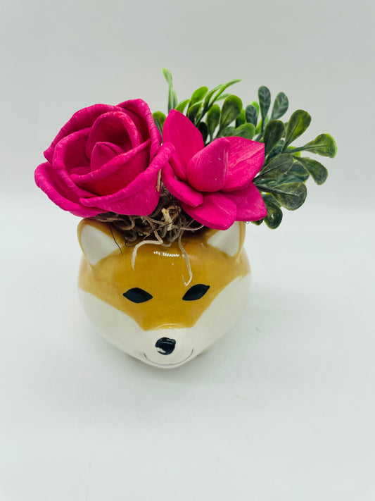 Fox with pink flowers