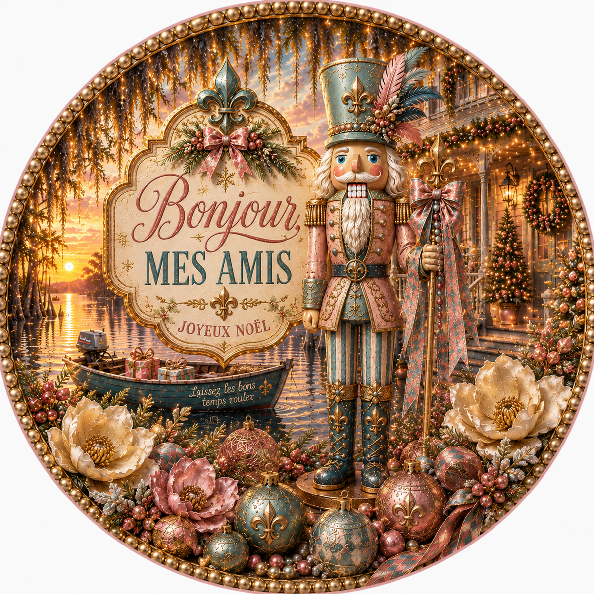 Bonjour Mes Amis — Cajun Nutcracker Metal Sign, 10 Inch Round Louisiana Christmas Decor
