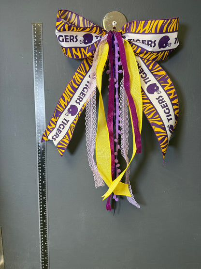 Purple & Gold Tiger Stripe Door Bow — Game Day Door Decor, Football Tailgate Bow