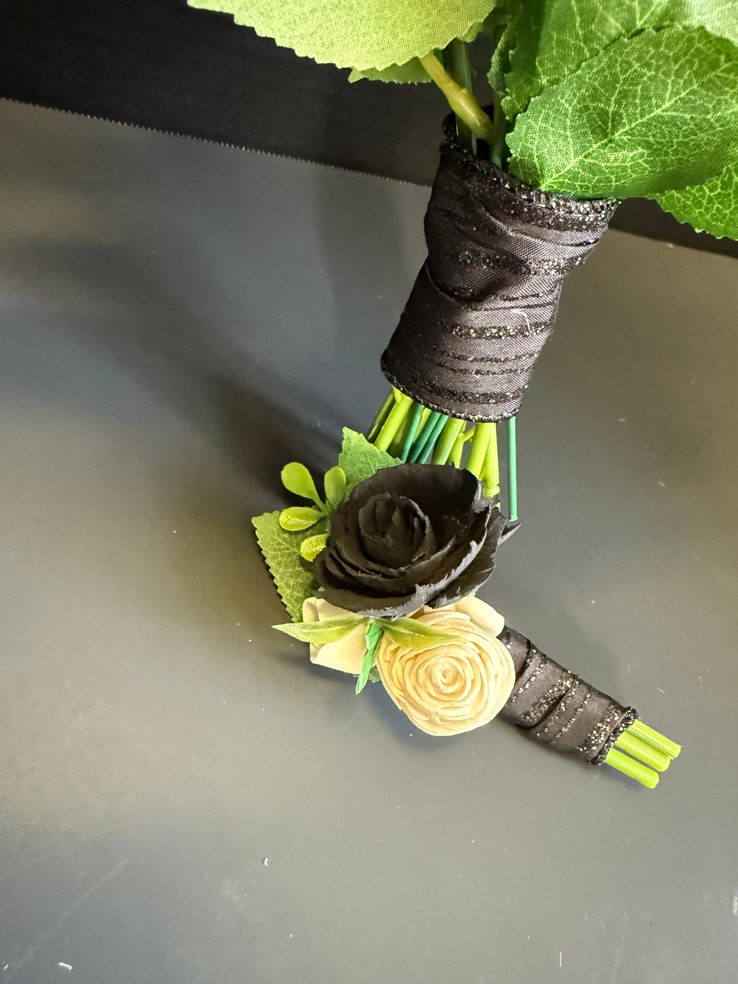 Midnight Black & Ivory Prom Bouquet Set | Wood Flower Keepsake | Boutonniere or Arm Garter