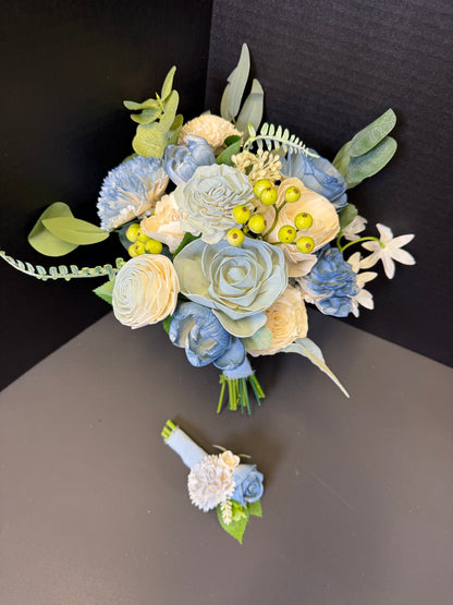 Dusty Blue Dance Bouquet Set | Wood Flower Keepsake | Boutonniere or Arm Garter