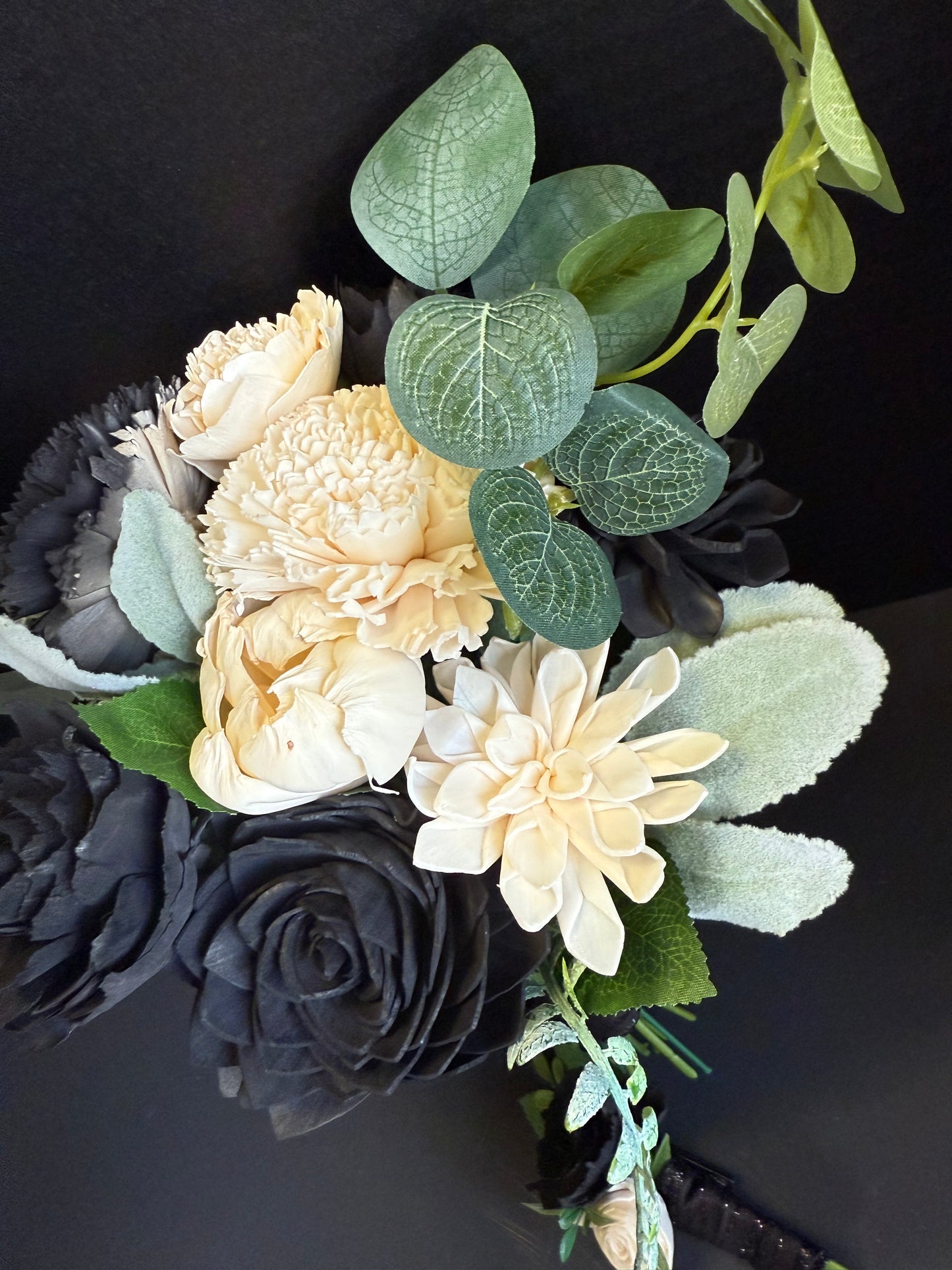 Midnight Black & Ivory Prom Bouquet Set | Wood Flower Keepsake | Boutonniere or Arm Garter