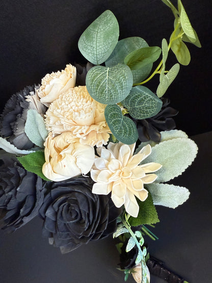 Midnight Black & Ivory Dance Bouquet Set | Wood Flower Keepsake | Boutonniere or Arm Garter