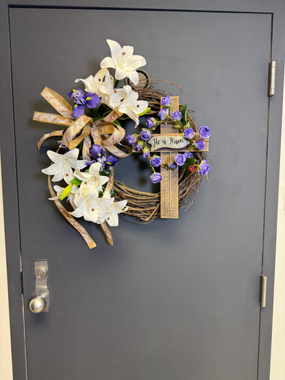 Easter Cross Wreath | White Lilies & Purple Irises | He Is Risen | Christian Spring Door Wreath