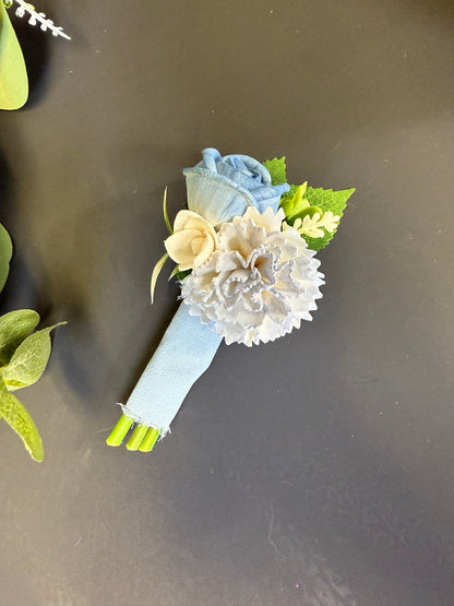 Dusty Blue Dance Bouquet Set | Wood Flower Keepsake | Boutonniere or Arm Garter