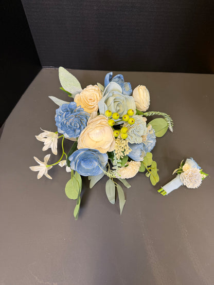 Dusty Blue Dance Bouquet Set | Wood Flower Keepsake | Boutonniere or Arm Garter