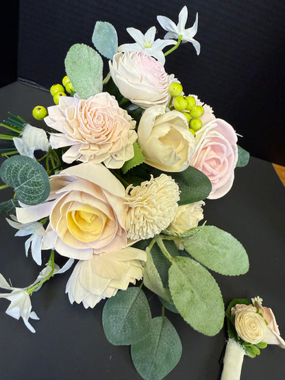 Blush Dance Bouquet Set | Dusty Rose Wood Flower Keepsake | Boutonniere or Arm Garter