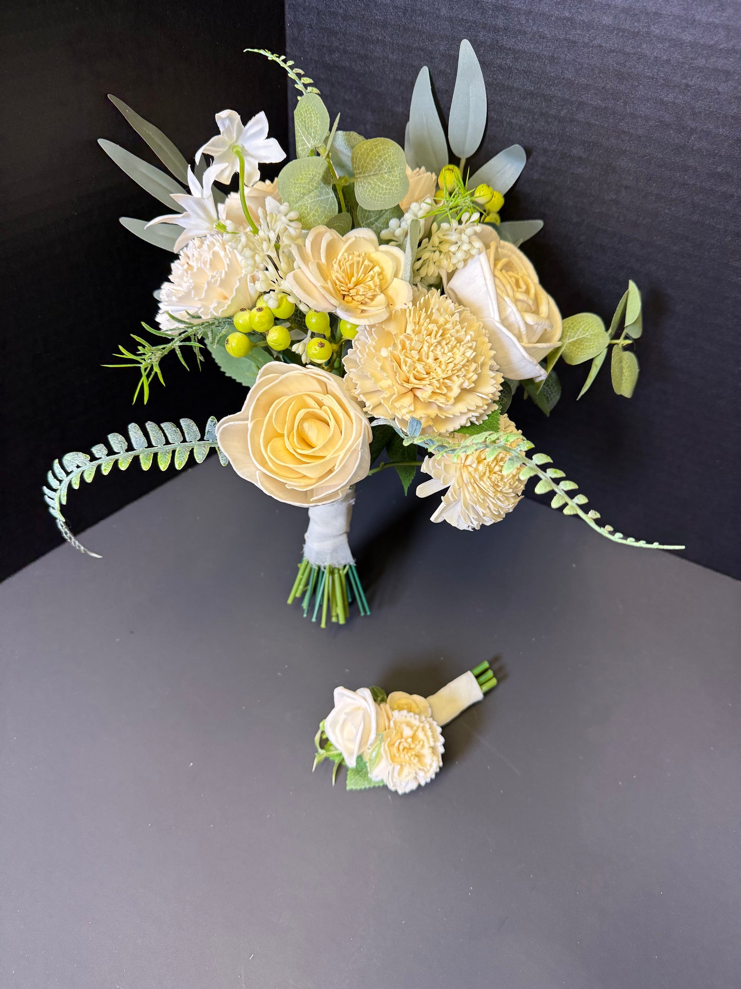 Champagne Prom Bouquet Set | Wood Flower Keepsake | Boutonniere or Arm Garter