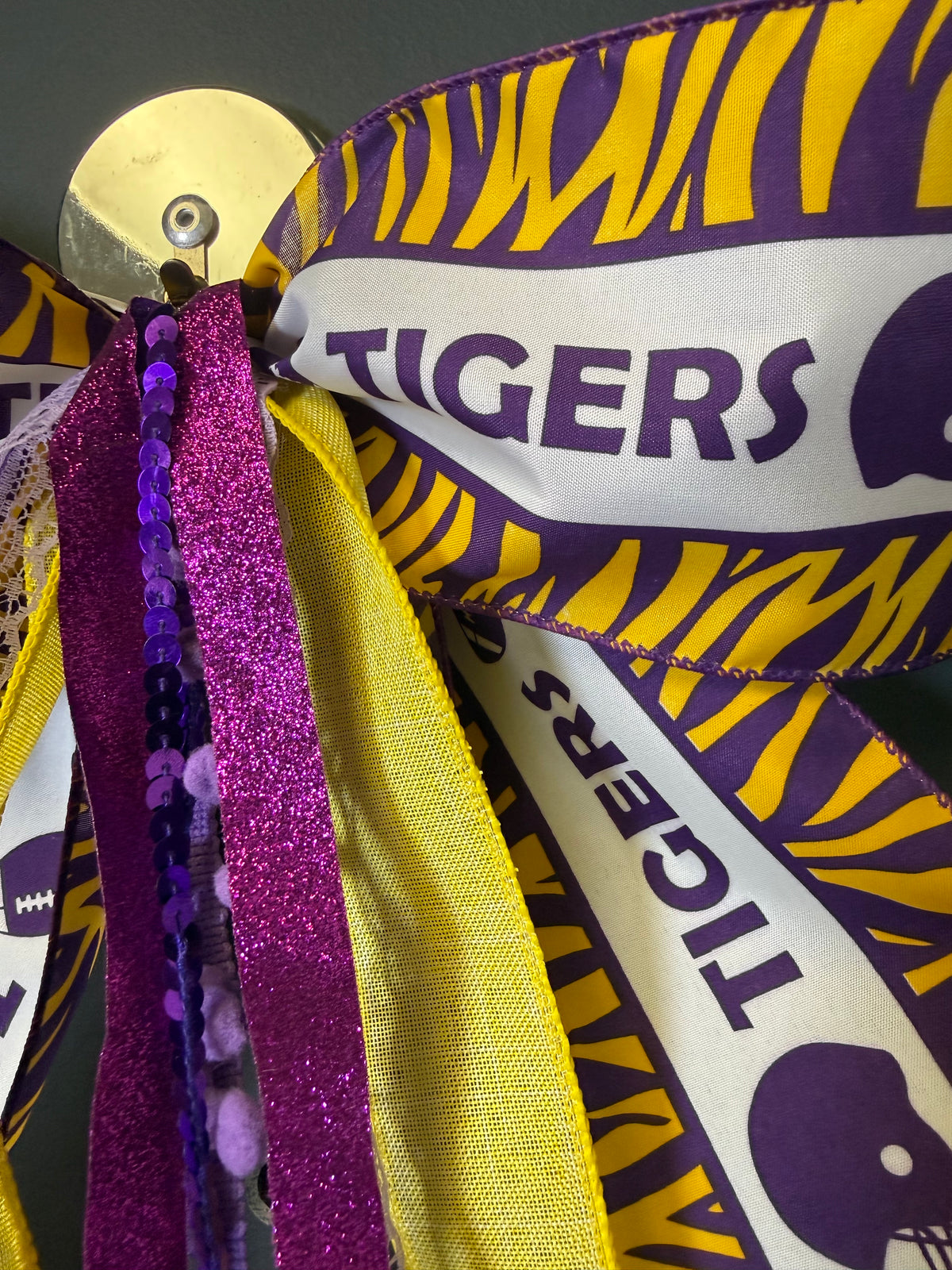 Purple & Gold Tiger Stripe Door Bow — Game Day Door Decor, Football Tailgate Bow