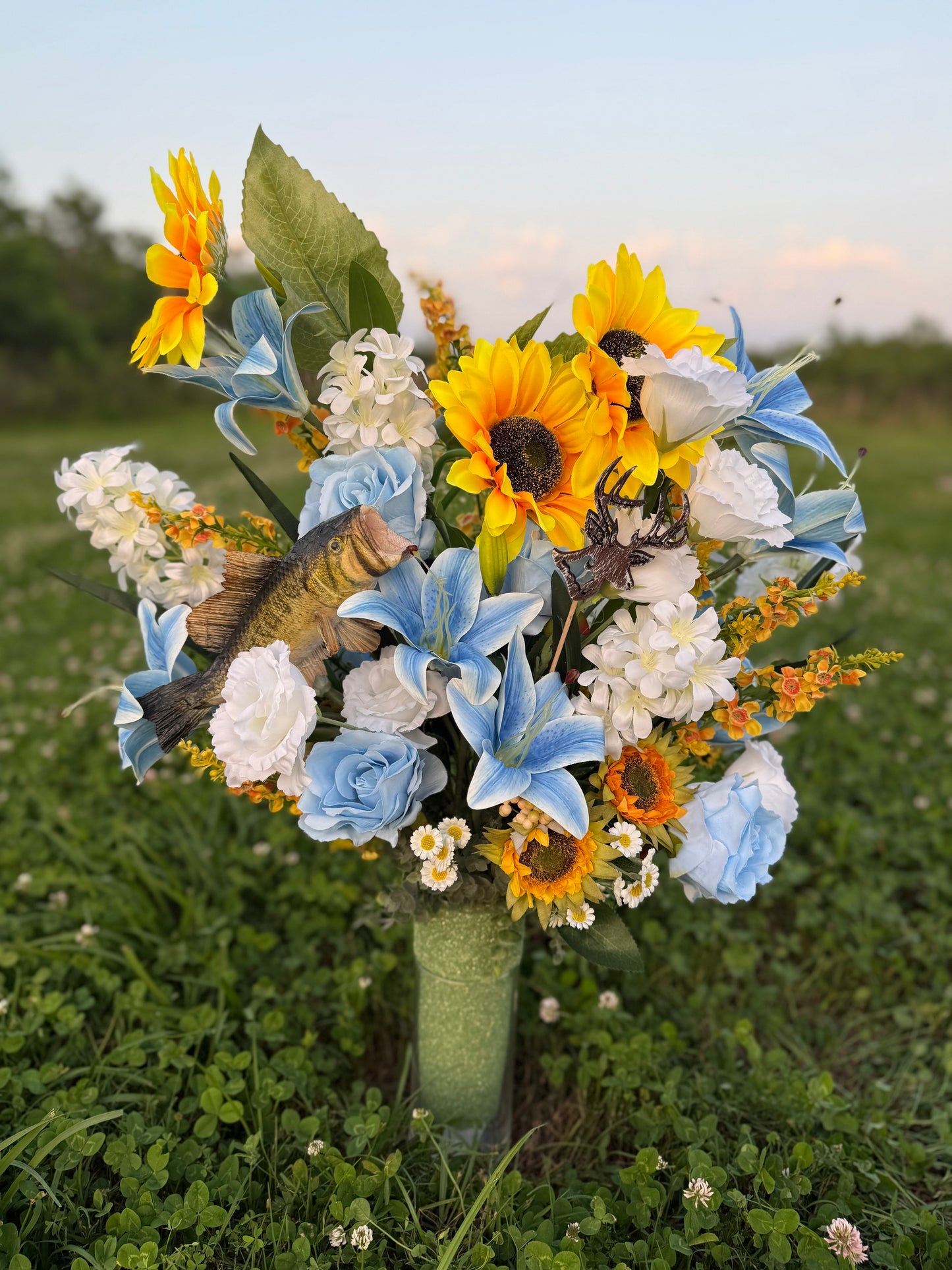 The Sportsman | Graveside Cemetery Arrangement | Blue Yellow White | Bass & Buck | Solar Sunflowers
