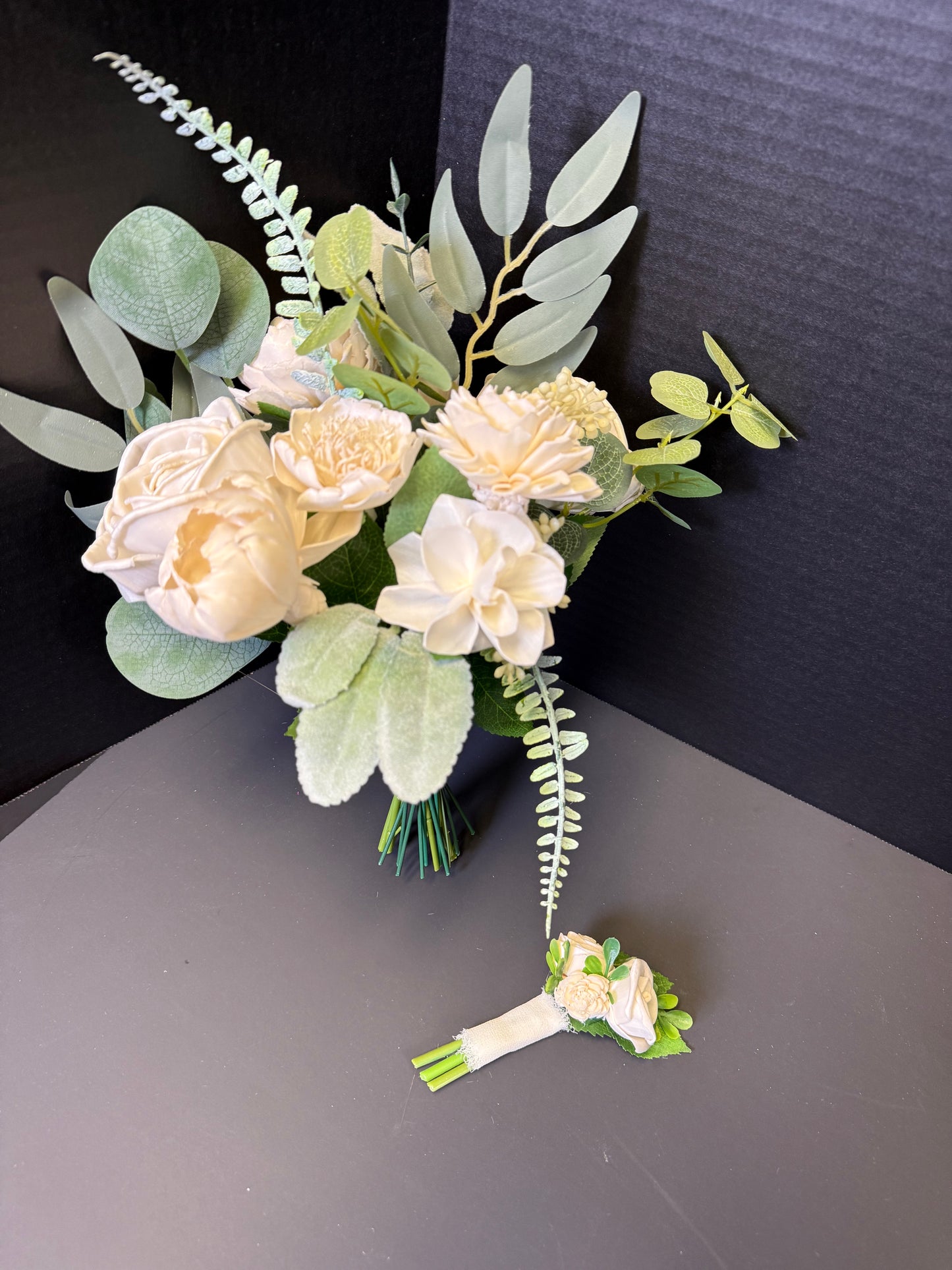 Ivory Prom Bouquet Set | Heirloom Wood Flower Keepsake | Boutonniere or Arm Garter