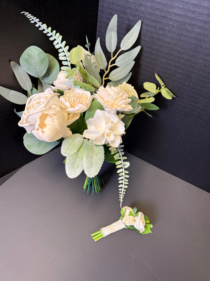 Ivory Dance Bouquet Set | Heirloom Wood Flower Keepsake | Boutonniere or Arm Garter