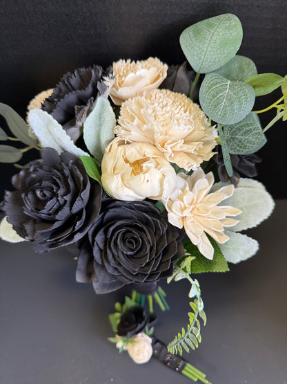 Midnight Black & Ivory Dance Bouquet Set | Wood Flower Keepsake | Boutonniere or Arm Garter