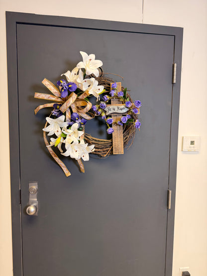 Easter Cross Wreath | White Lilies & Purple Irises | He Is Risen | Christian Spring Door Wreath