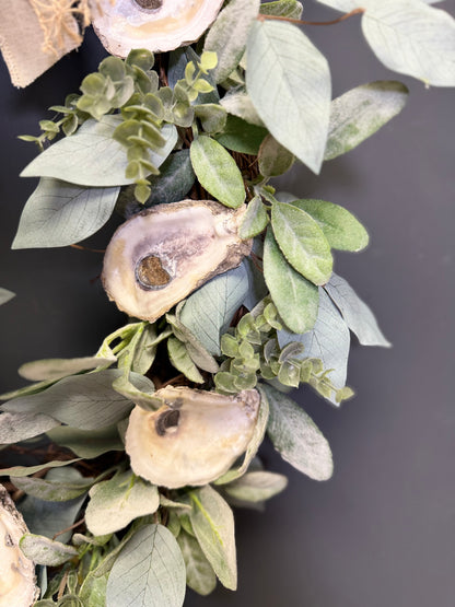 Bayou Pearl Wreath, Oyster Shell Coastal Wreath Handmade Louisiana