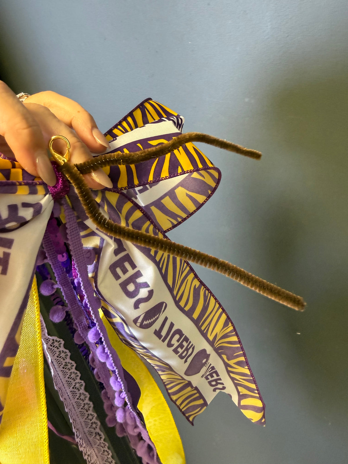 Purple & Gold Tiger Stripe Door Bow — Game Day Door Decor, Football Tailgate Bow