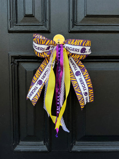 Purple & Gold Tiger Stripe Door Bow — Game Day Door Decor, Football Tailgate Bow