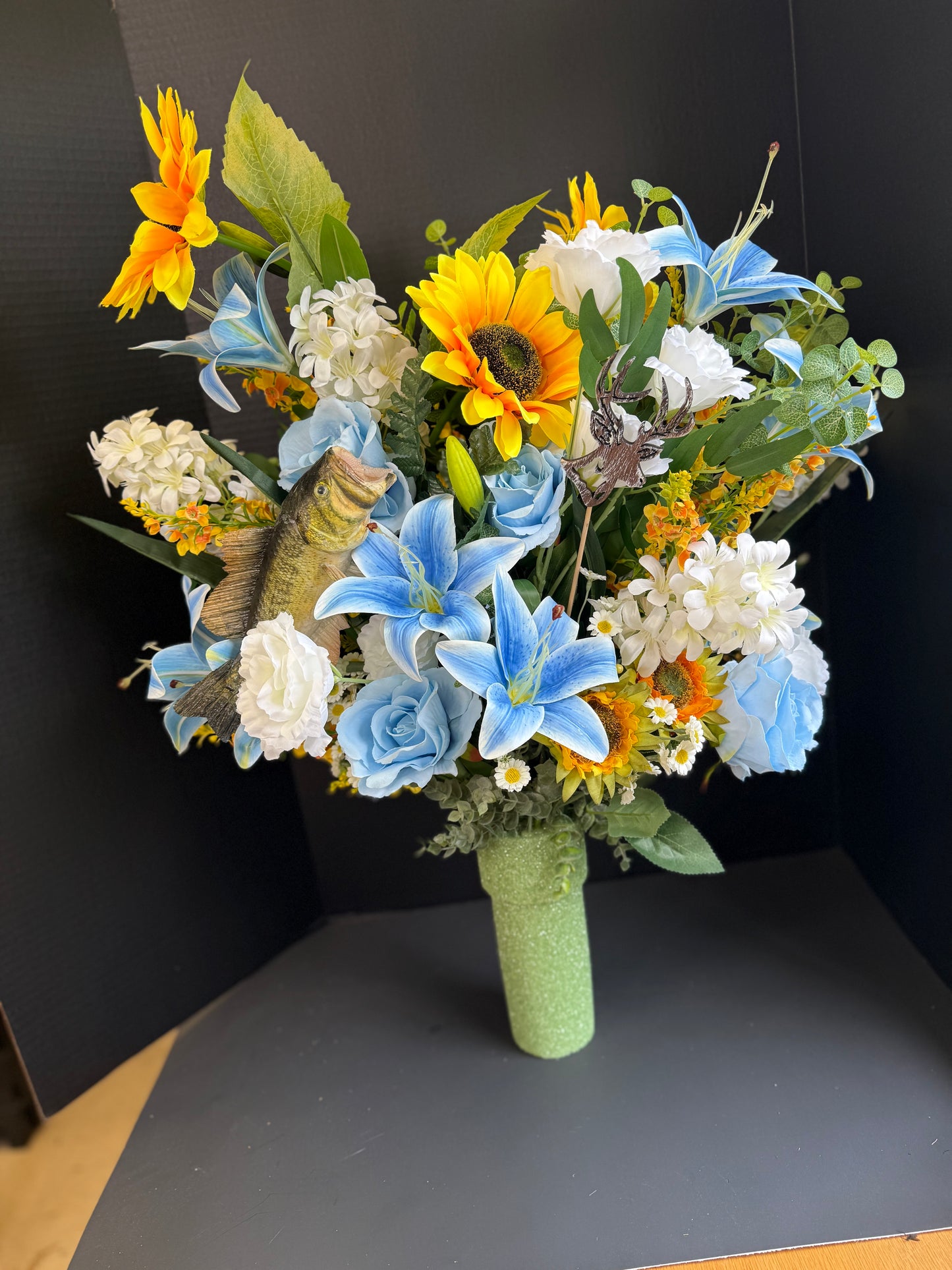 The Sportsman | Graveside Cemetery Arrangement | Blue Yellow White | Bass & Buck | Solar Sunflowers