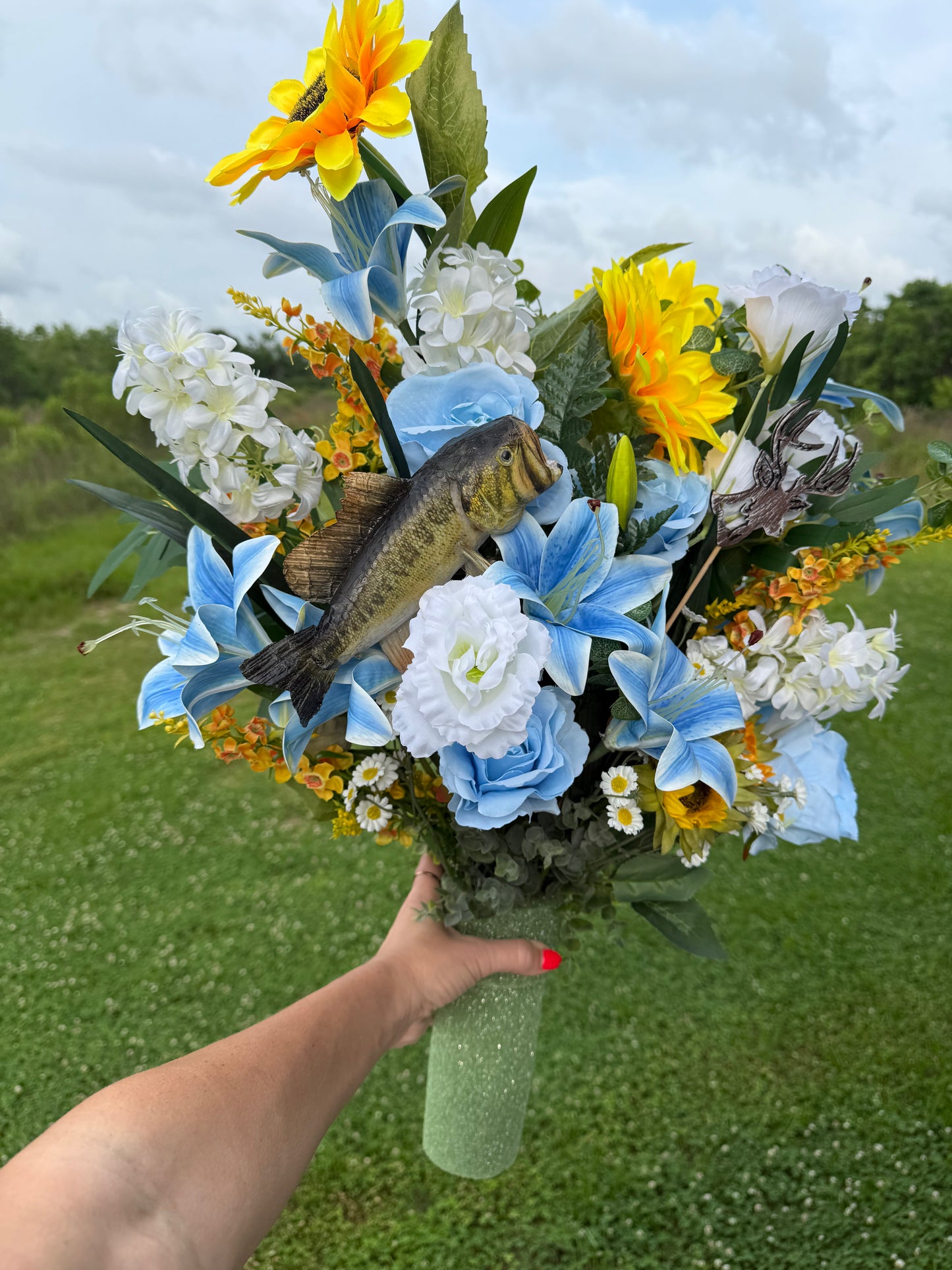 The Sportsman | Graveside Cemetery Arrangement | Blue Yellow White | Bass & Buck | Solar Sunflowers