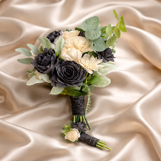 Midnight Black & Ivory Prom Bouquet Set | Wood Flower Keepsake | Boutonniere or Arm Garter