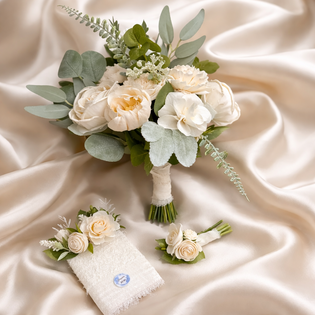 Ivory Prom Bouquet Set | Heirloom Wood Flower Keepsake | Boutonniere or Arm Garter