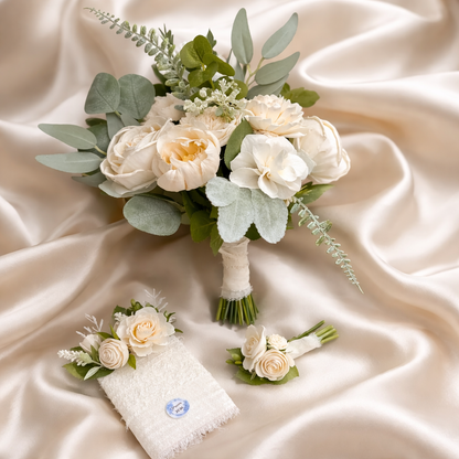 Ivory Dance Bouquet Set | Heirloom Wood Flower Keepsake | Boutonniere or Arm Garter