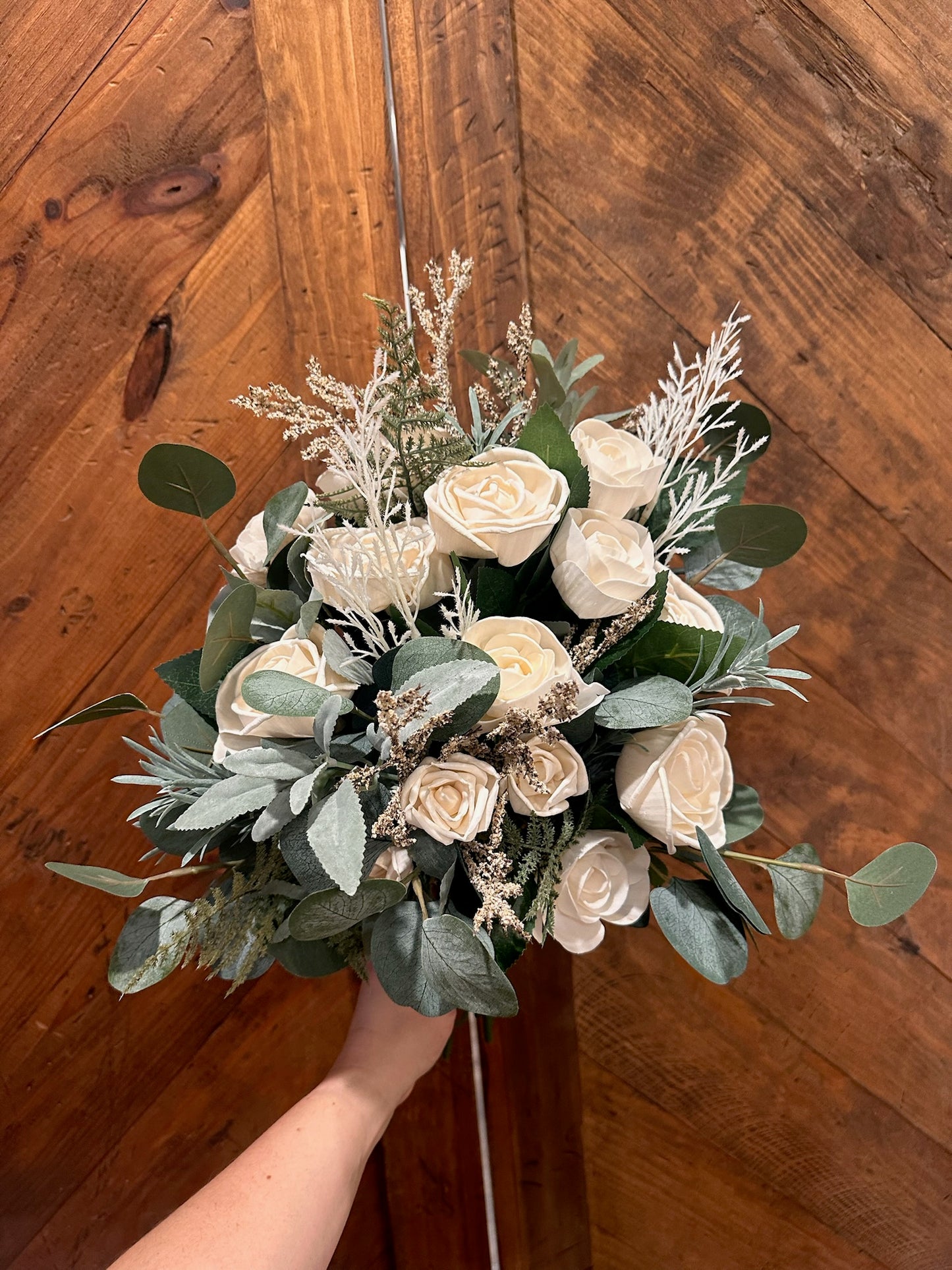 Premium Wood Flower Wedding Bouquet - Luxury Wood Flower Bouquet in ivory florals with premium sage and eucalyptus greenery