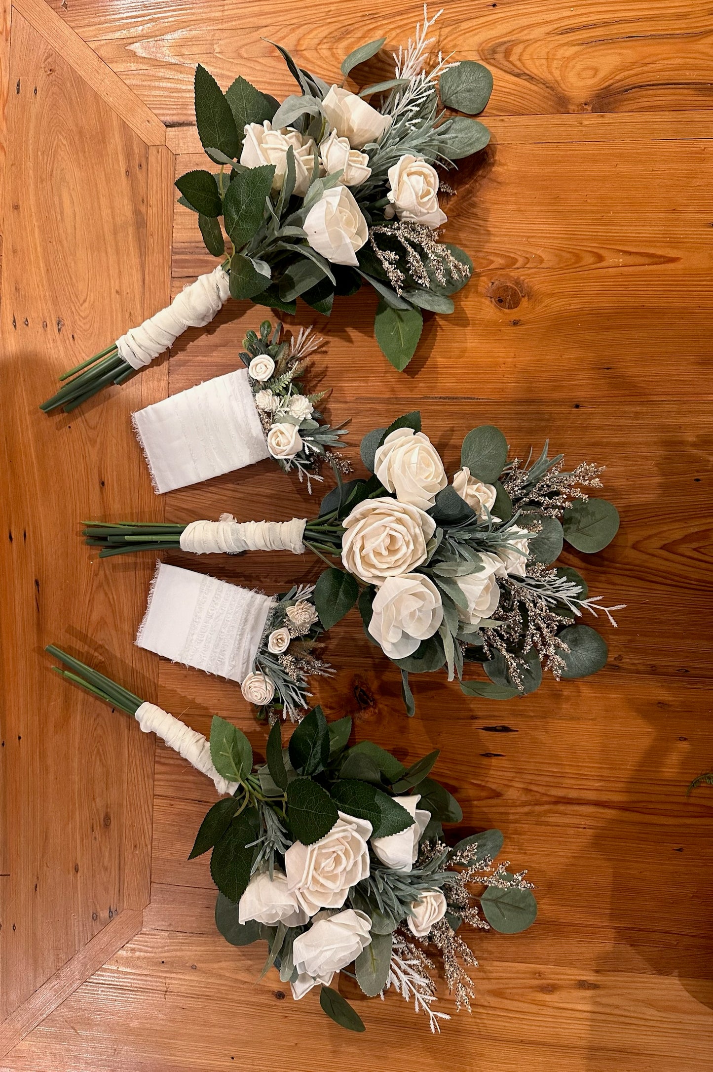 Ivory Wood Flower Bridesmaid Bouquets and Pocket Squares for wedding florals by Marshland Creative in Lousiana, a wood flower florist