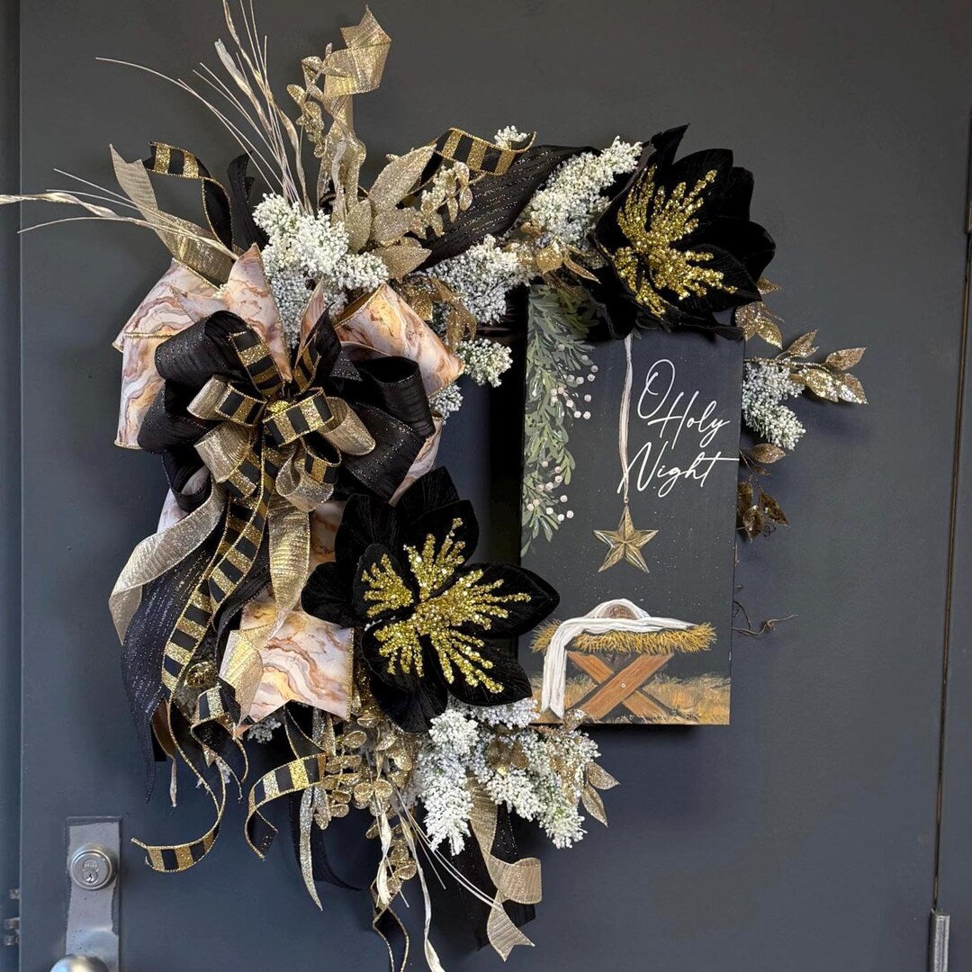 Nativity grapevine wreath O Holy Night black gold