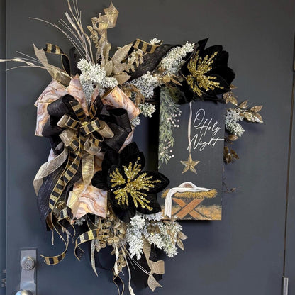 Nativity grapevine wreath O Holy Night black gold