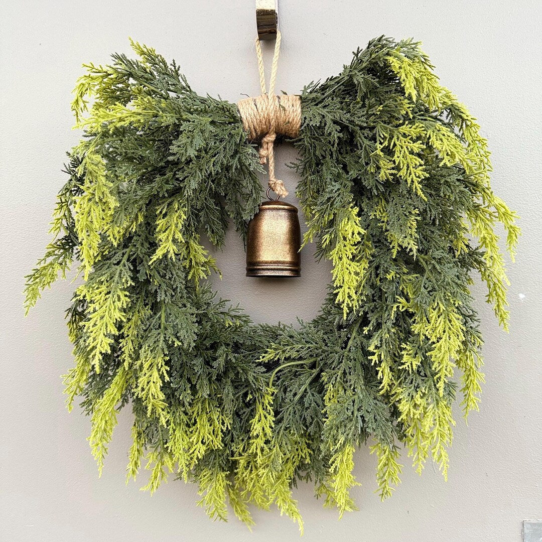 Cedar greenery wreath with gold bell farmhouse Christmas