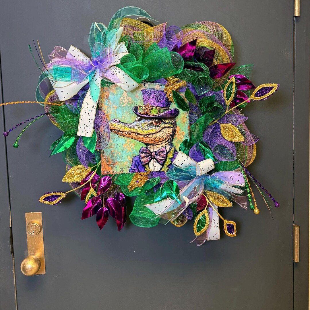 Mardi Gras alligator wreath purple green gold
