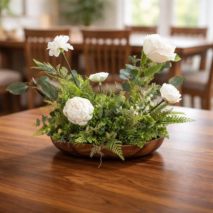 Lush greenery table centerpiece wooden bowl white roses